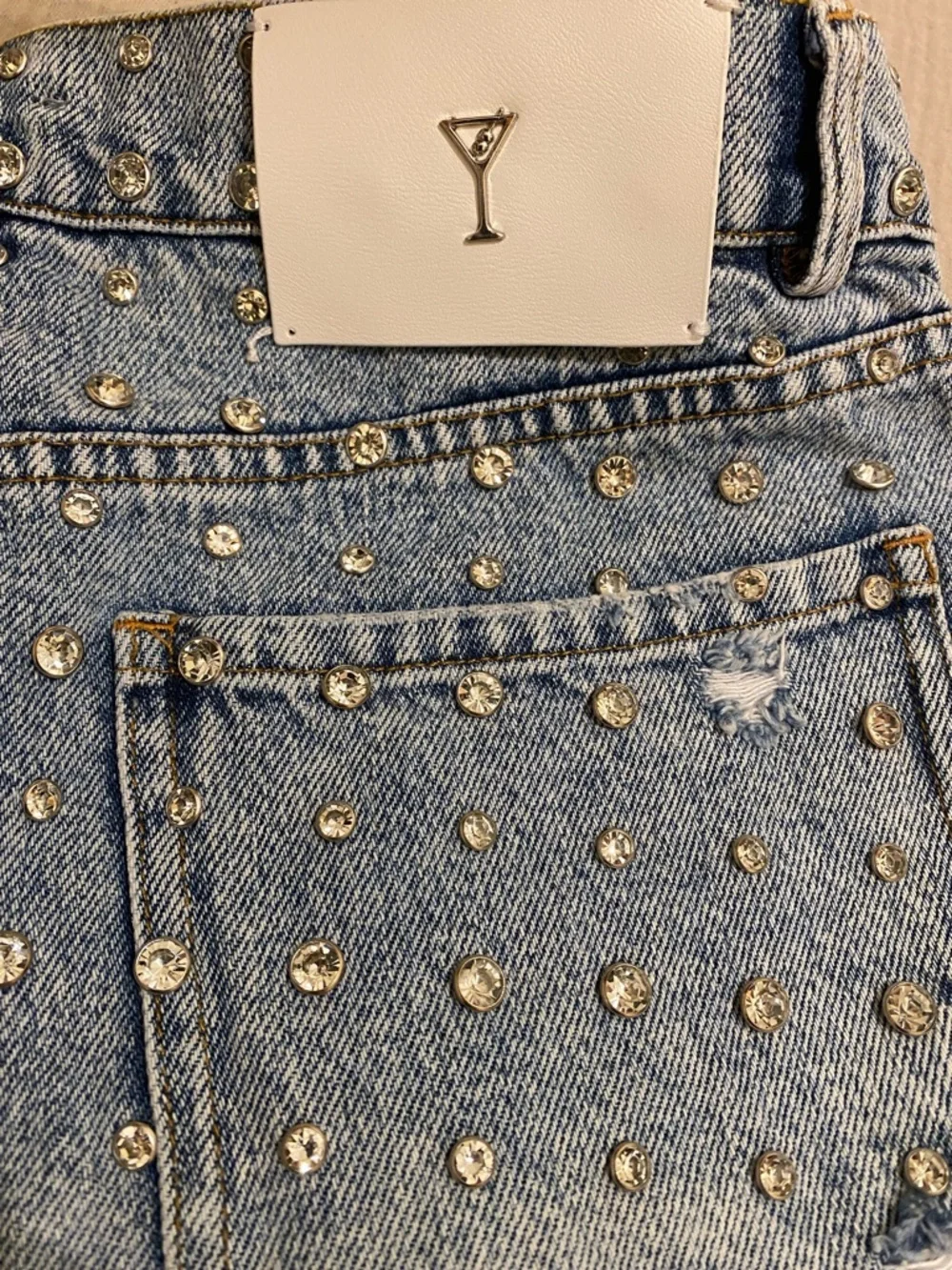 RETROFETE ANGEL EMBELLISHED DENIM SHORT Studded Distressed Denim - Blue. Size 28 - Picture 12 of 15